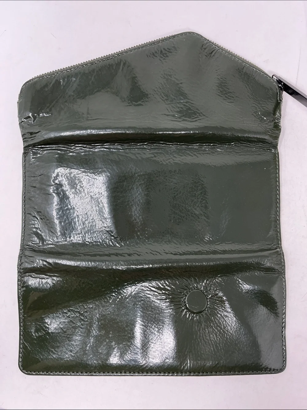HOBO INTERNATIONAL CLUTCH WALLET ASYMMETRICAL ZIPPER PATENT LEATHER FOREST GREEN
